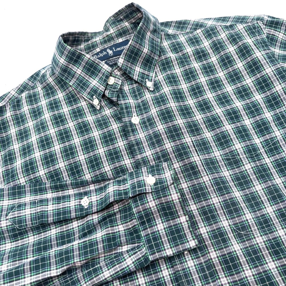 RALPH‎ LAUREN Men's Large Green White Purple Custom Fit Plaid Button Down Shirt